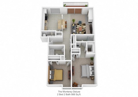 Floor plan for 2 beds, 2 baths, 988 sqft